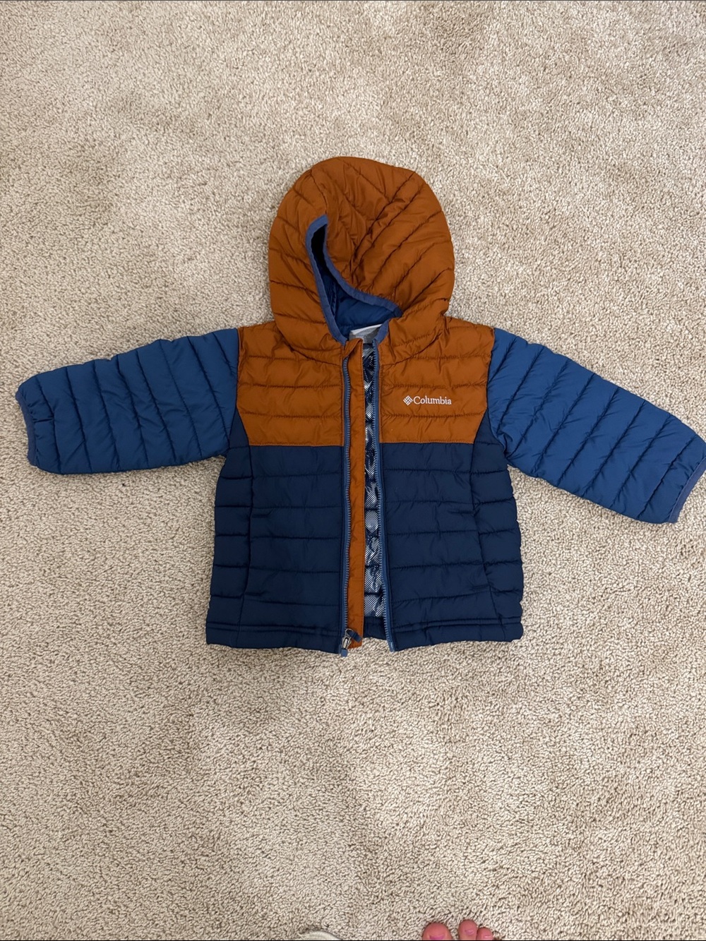 Columbia Navy Quilted Jacket with Rust Hood Accent